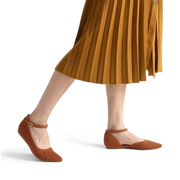 Knit Pointed Toe Ankle Strap Flats - TAN - 3