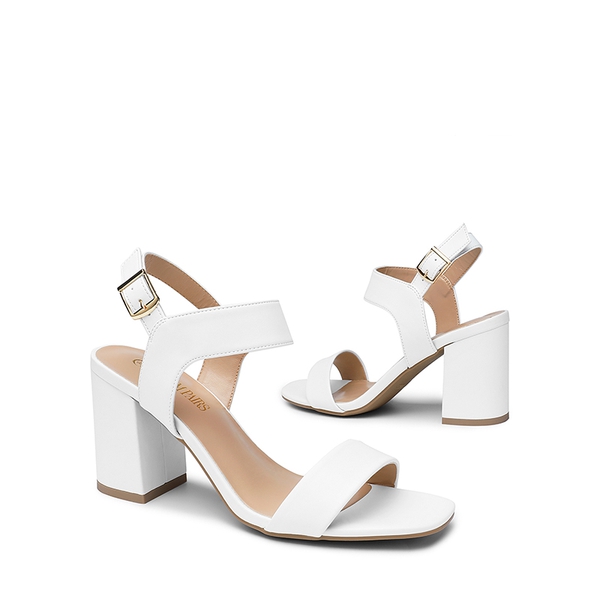 High Heel Square Toe Chunky Strap Sandals - WHITE - 4