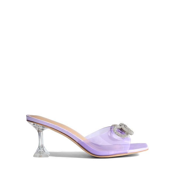 Satin Double Bow Square Toe Transparent Heel Sandals - PURPLE - 2