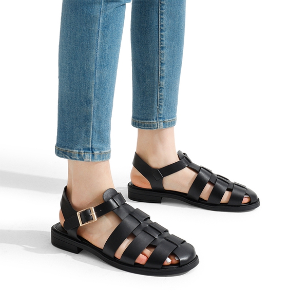 Gladiator Woven Fisherman Flat Sandals - BLACK PU - 1