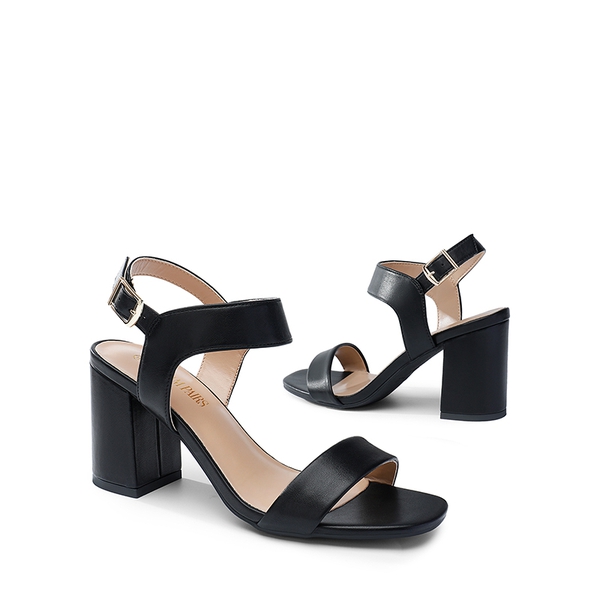 High Heel Square Toe Chunky Strap Sandals - BLACK - 4