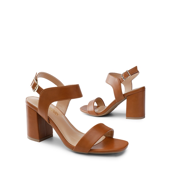 High Heel Square Toe Chunky Strap Sandals - BROWN - 4