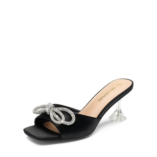 Satin Double Bow Square Toe Transparent Heel Sandals - BLACK -  0