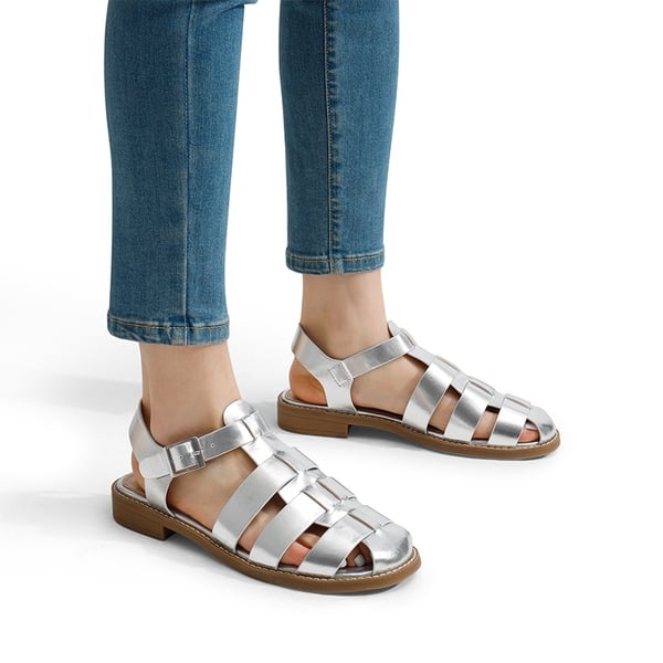 Gladiator Woven Fisherman Flat Sandals - SILVER PU - 1
