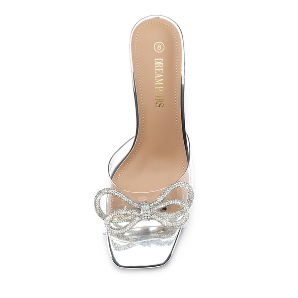 Satin Double Bow Square Toe Transparent Heel Sandals - SILVER - 4