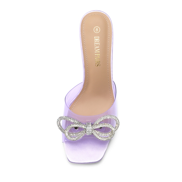 Satin Double Bow Square Toe Transparent Heel Sandals - PURPLE - 4