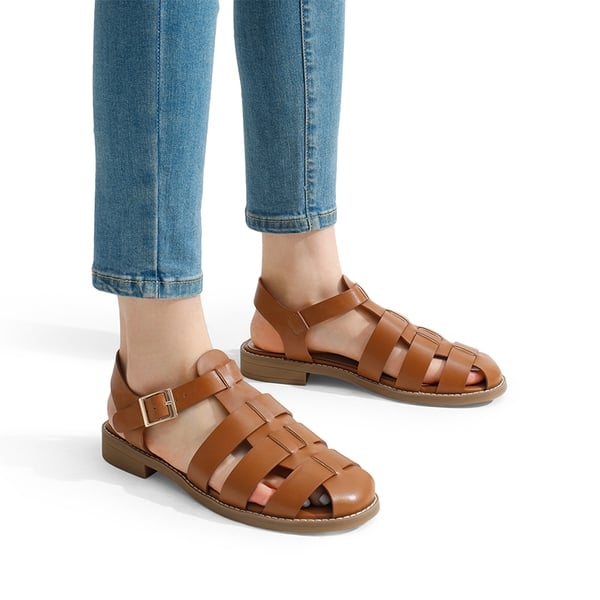 Gladiator Woven Fisherman Flat Sandals - BROWN PU - 1