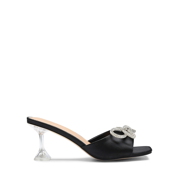 Satin Double Bow Square Toe Transparent Heel Sandals - BLACK - 2