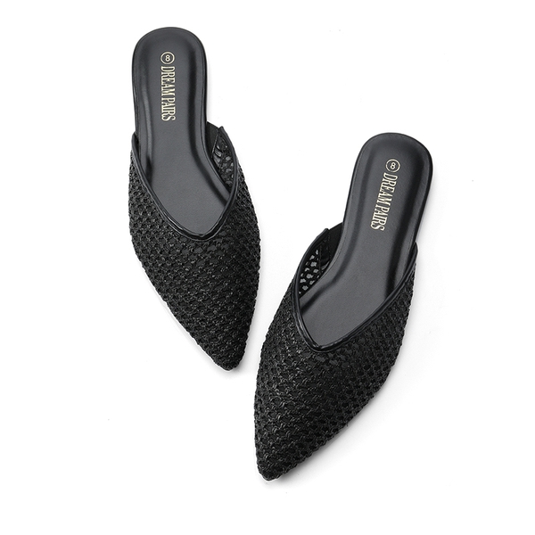 Raffia V-Shape Vamp Pointed Toe Mules - BLACK - 4