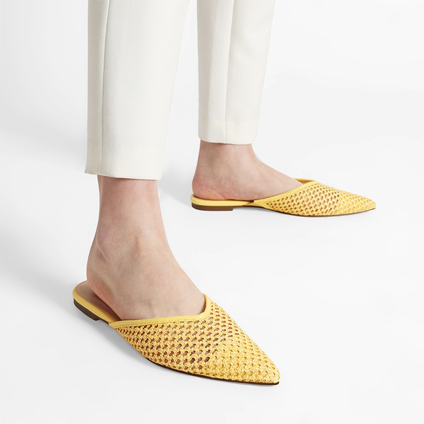 Raffia V-Shape Vamp Pointed Toe Mules - YELLOW - 2