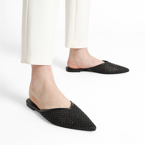 Raffia V-Shape Vamp Pointed Toe Mules - BLACK - 1