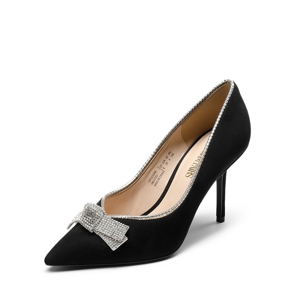 Rhinestone Bowknot Stiletto Heel Pumps - BLACK SUEDE -  0