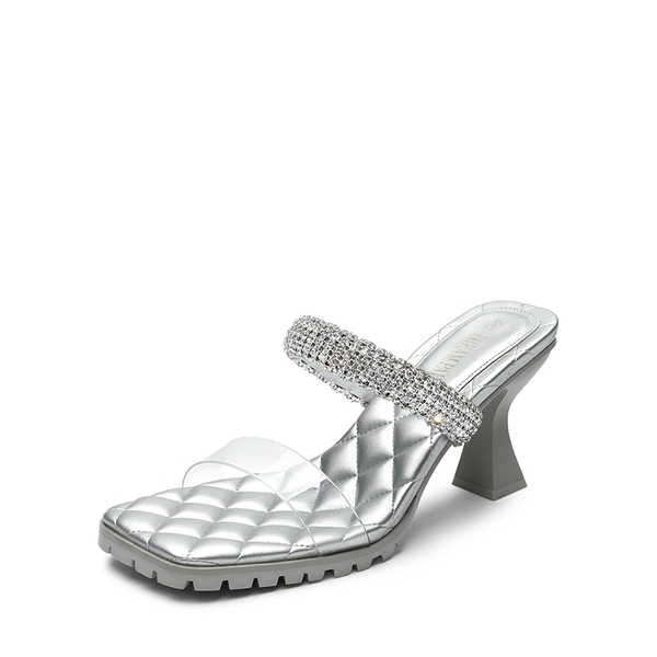 Rhinestone Strap Quilted Heel Sandals - SILVER -  0