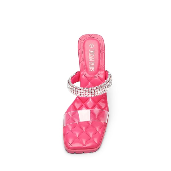 Rhinestone Strap Quilted Heel Sandals - HOT PINK - 4