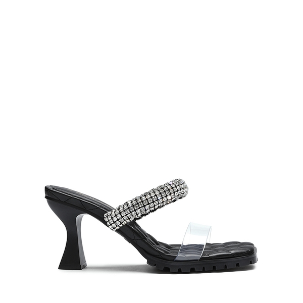 Rhinestone Strap Quilted Heel Sandals - BLACK - 2