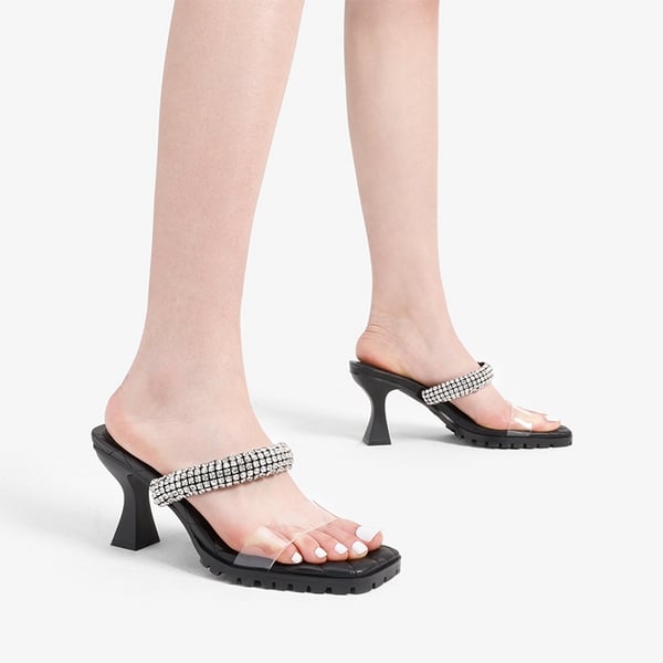 Rhinestone Strap Quilted Heel Sandals - BLACK - 1