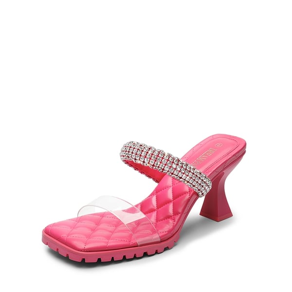 Rhinestone Strap Quilted Heel Sandals - HOT PINK -  0