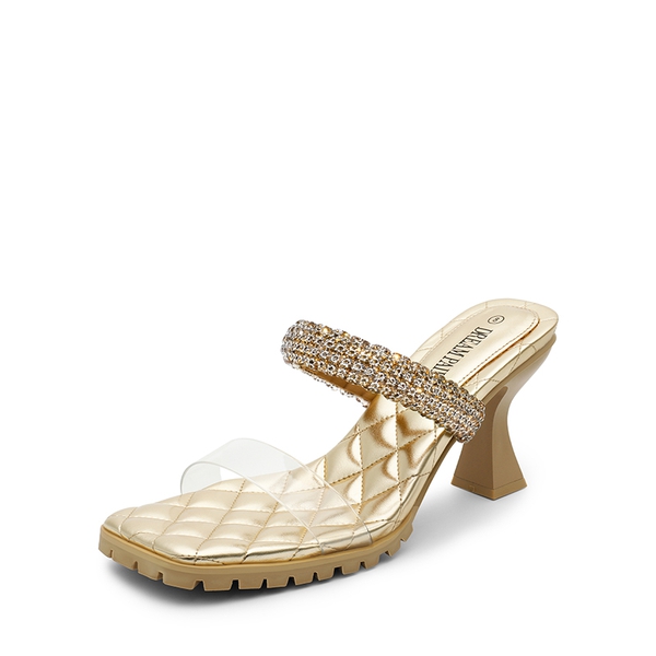 Rhinestone Strap Quilted Heel Sandals - GOLD -  0