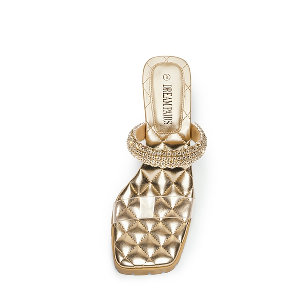Rhinestone Strap Quilted Heel Sandals - GOLD - 3