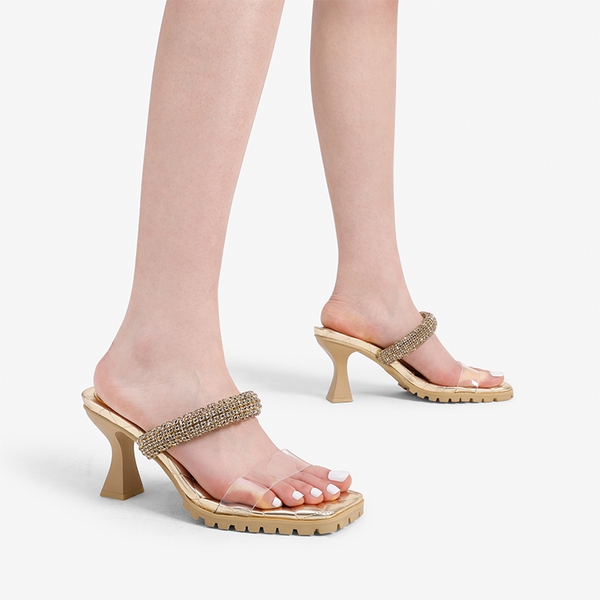 Rhinestone Strap Quilted Heel Sandals - GOLD - 1