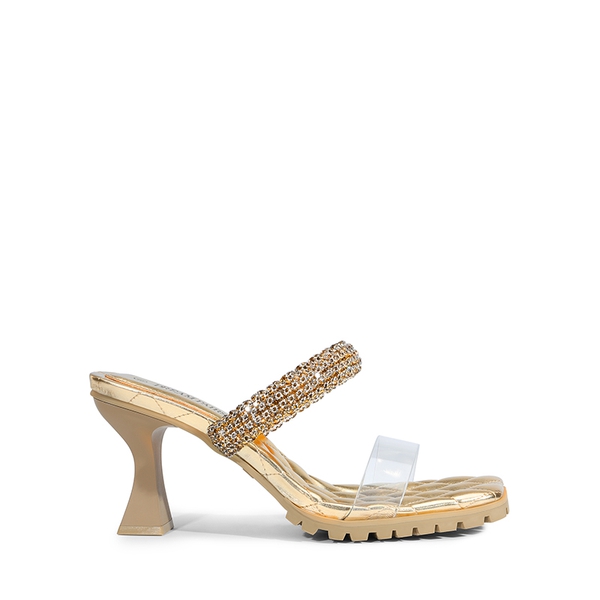Rhinestone Strap Quilted Heel Sandals - GOLD - 2