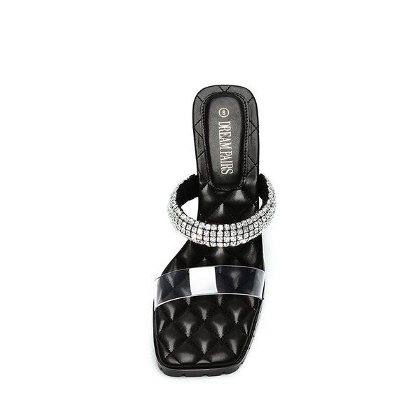 Rhinestone Strap Quilted Heel Sandals - BLACK - 3