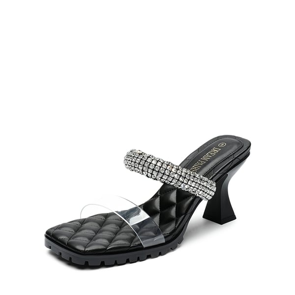 Rhinestone Strap Quilted Heel Sandals - BLACK -  0