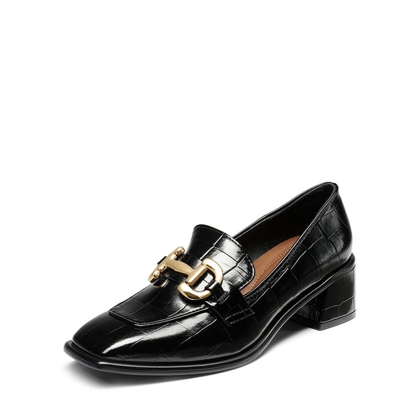 Square Toe Chunky Heel Metallic Loafers  - BLACK STONE -  0