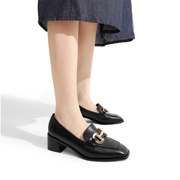 Square Toe Chunky Heel Metallic Loafers  - BLACK PU - 1