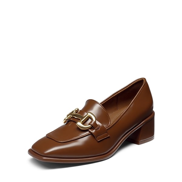 Square Toe Chunky Heel Metallic Loafers  - BROWN PU -  0