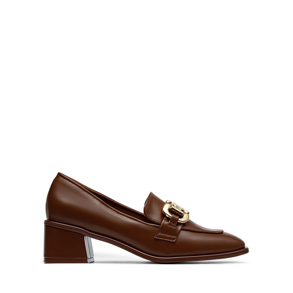 Square Toe Chunky Heel Metallic Loafers  - BROWN PU - 2