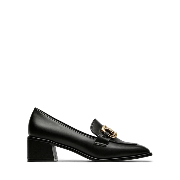Square Toe Chunky Heel Metallic Loafers  - BLACK PU - 2
