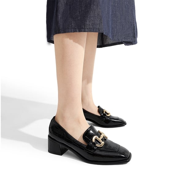 Square Toe Chunky Heel Metallic Loafers  - BLACK STONE - 1