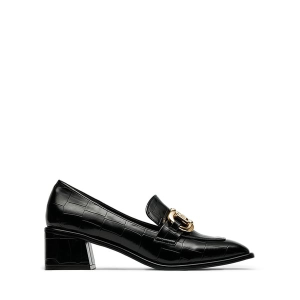 Square Toe Chunky Heel Metallic Loafers  - BLACK STONE - 2