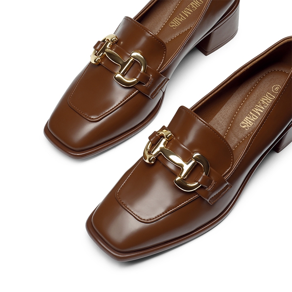 Square Toe Chunky Heel Metallic Loafers  - BROWN PU - 5