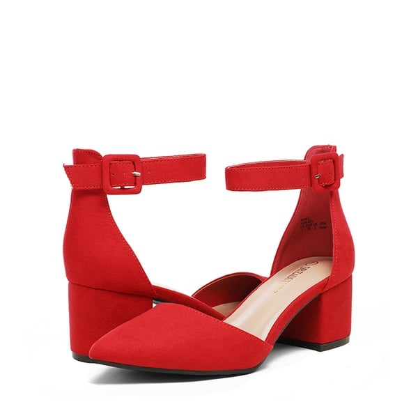 Annee Pointed Toe Low Chunky Heels Pump Shoes - RED SUEDE - 3
