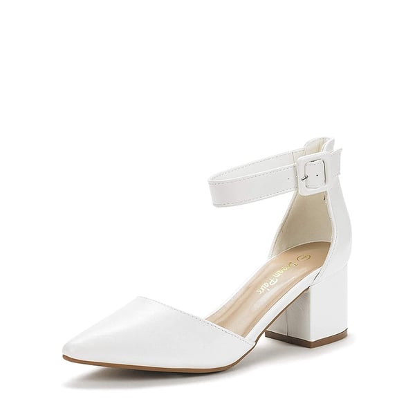 Wide Width Ankle Strap Chunky Low Heel Pumps - WHITE PU -  0