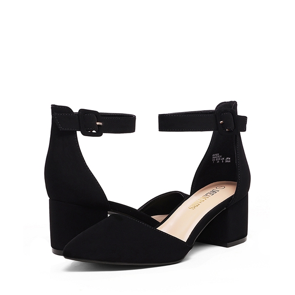 Annee Pointed Toe Low Chunky Heels Pump Shoes - BLACK NUBUCK - 3
