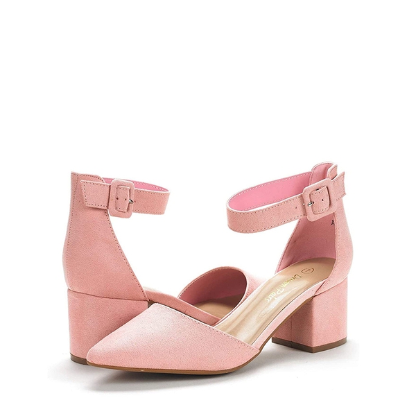 Ankle Strap Low Heel Chunky Pumps - PINK SUEDE - 3