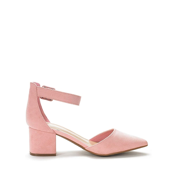 Ankle Strap Low Heel Chunky Pumps - PINK SUEDE - 1