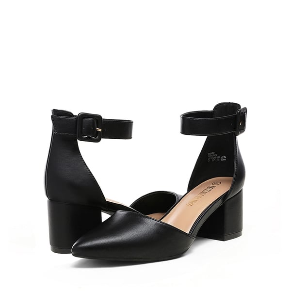 Wide Width Ankle Strap Chunky Low Heel Pumps - BLACK PU - 3