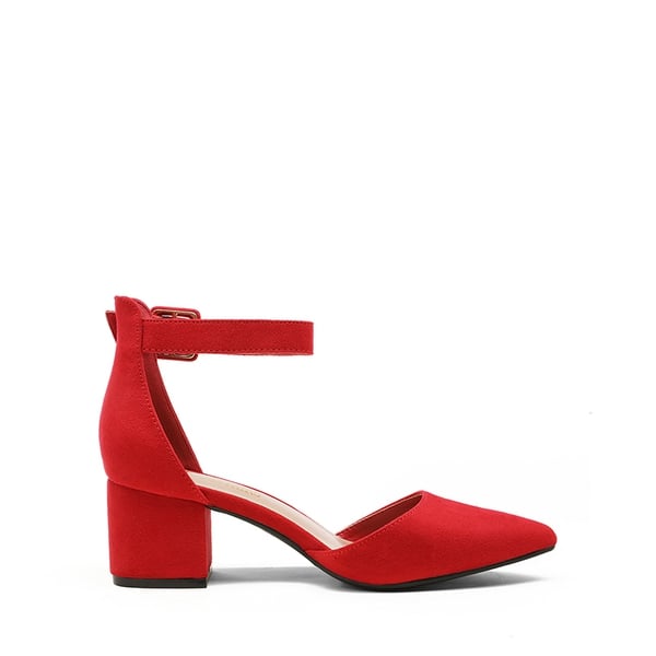 Annee Pointed Toe Low Chunky Heels Pump Shoes - RED SUEDE - 1