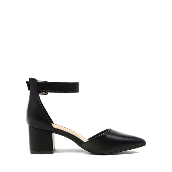 Wide Width Ankle Strap Chunky Low Heel Pumps - BLACK PU - 1