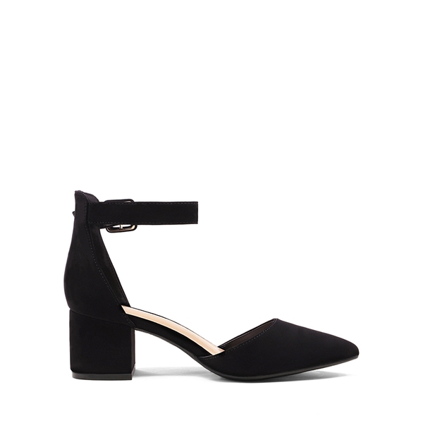 Annee Pointed Toe Low Chunky Heels Pump Shoes - BLACK NUBUCK - 1