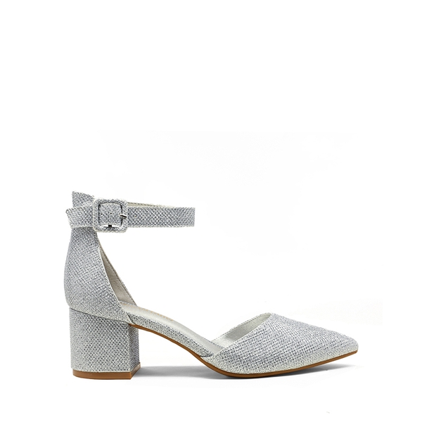 Annee Pointed Toe Low Chunky Heels Pump Shoes - SILVER GLITTER - 1