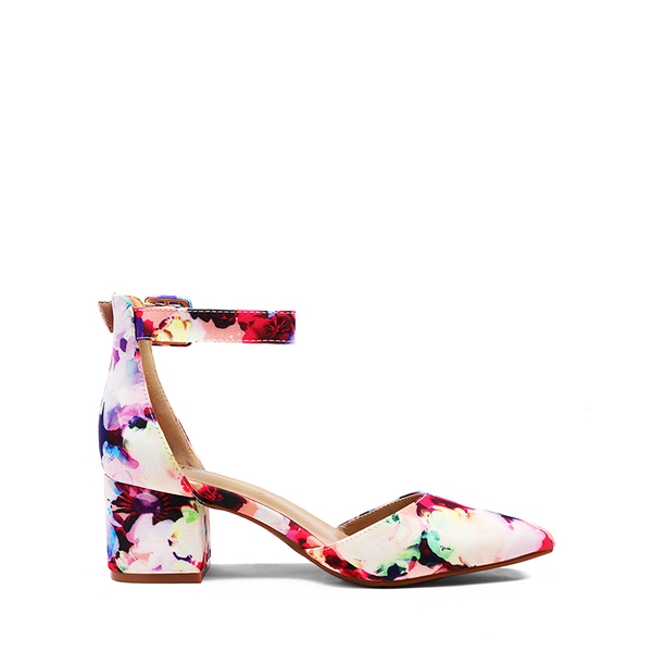 Annee Pointed Toe Low Chunky Heels Pump Shoes - FLORAL - 1