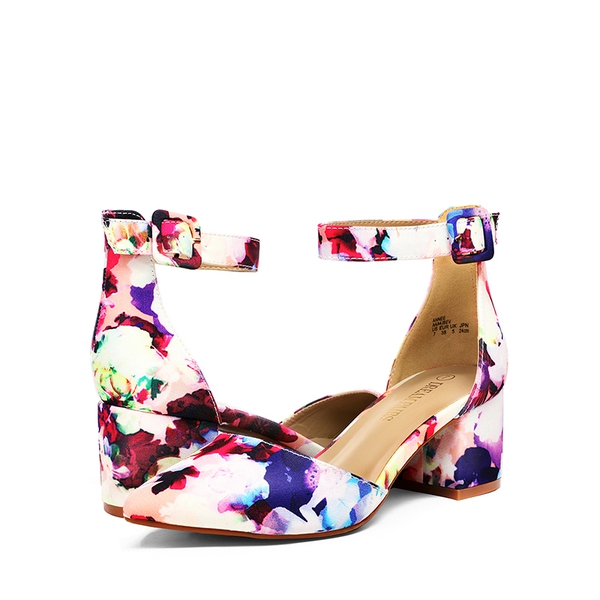 Annee Pointed Toe Low Chunky Heels Pump Shoes - FLORAL - 4