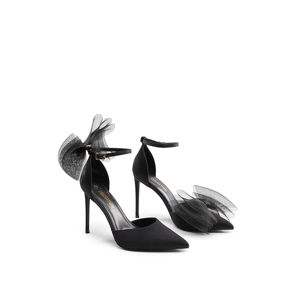 Silky Pointed Toe Bow Stiletto Heel Pumps - BLACK - 3