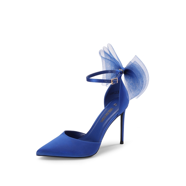 Silky Pointed Toe Bow Stiletto Heel Pumps - BLUE -  0