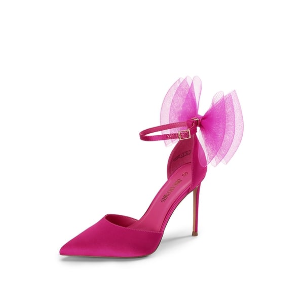 Silky Pointed Toe Bow Stiletto Heel Pumps - HOT PINK -  0